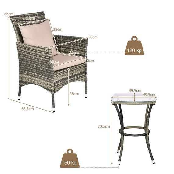 GIANTEX Balkonmöbel Kleiner Balkon, Rattan Gartenmöbel Set Bistrotisch mit 2 Stühlen, Balkonmöbel Set 3 teilig inkl. Kissen, Balkon Möbel für kleinenBalkon, Balkonset 2 Stühle 1 Tisch für 2 Personen