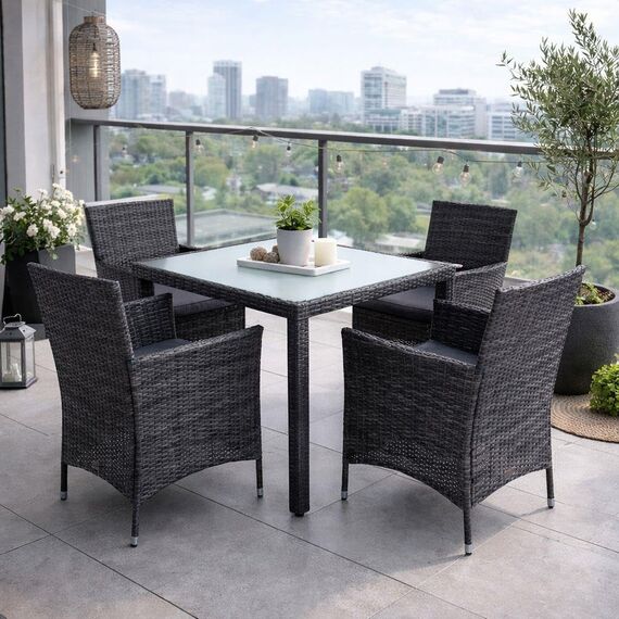 ESTEXO Polyrattan Gartenmöbel Set Sitzgruppe Rattan Gartenset Essgruppe Stuhl Tisch Set Garten Tisch und Stuhl Set 4 Personen Glas Glastisch (Anthrazit-Grau)