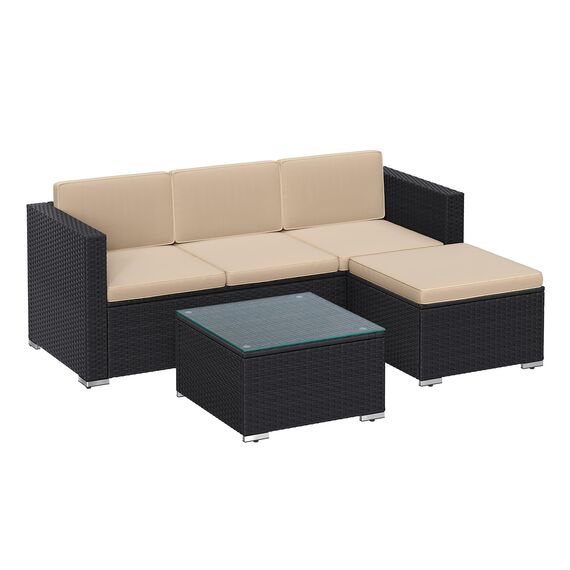 SONGMICS Gartenmöbel-Set, Balkonmöbel aus PE-Polyrattan, Terrassenmöbel, Ecksofa, Outdoor, handgeflochtenes Rattan, Lounge-Set, mit Kissen und Glastisch, schwarz-Taupe GGF005B03