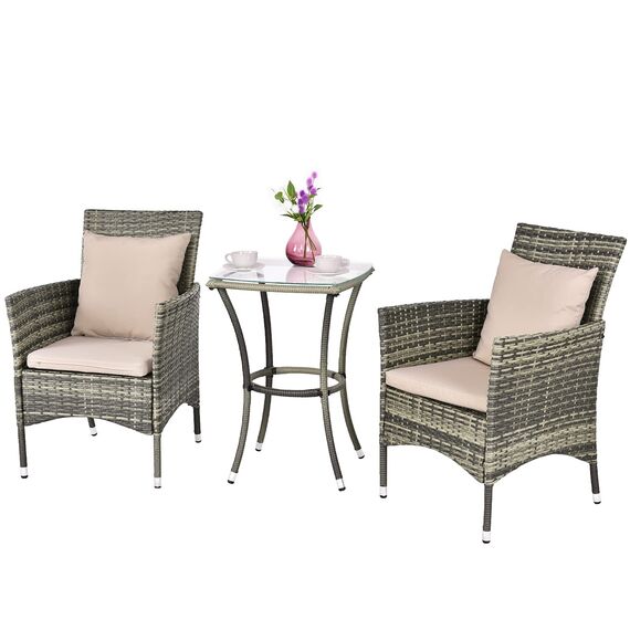 GIANTEX Balkonmöbel Kleiner Balkon, Rattan Gartenmöbel Set Bistrotisch mit 2 Stühlen, Balkonmöbel Set 3 teilig inkl. Kissen, Balkon Möbel für kleinenBalkon, Balkonset 2 Stühle 1 Tisch für 2 Personen