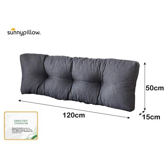 sunnypillow Palettenkissen für Gartenmöbel - Rückenkissen 120 x 50 cm - Rückenpolster für Bett und Sofa - Palettenpolster für Palettenmöbel - Gesteppte Gartenkissen - Rückenlehne, Kissen Anthrazit