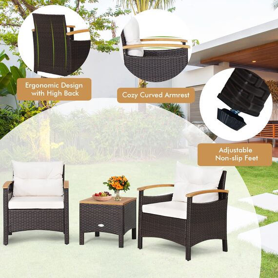 GIANTEX Rattan Balkonmöbel Set 2 Personen, 3 TLG. Rattan Gartensitzgruppe Lounge Set mit Kissen cremeweiß, Gartenmöbel Set 2 Sessel mit Tisch, Gartengarnitur Sitzgruppe Gartenlounge Set