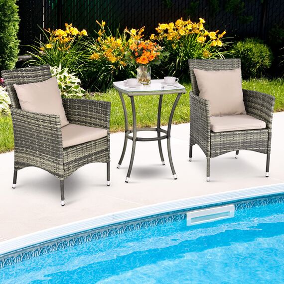 GIANTEX Balkonmöbel Kleiner Balkon, Rattan Gartenmöbel Set Bistrotisch mit 2 Stühlen, Balkonmöbel Set 3 teilig inkl. Kissen, Balkon Möbel für kleinenBalkon, Balkonset 2 Stühle 1 Tisch für 2 Personen