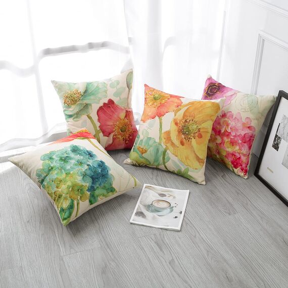 Artscope wasserdichte Kissenbezugen, 4er Set Kissenhülle Atmungsaktiv Kissen Fall für Outdoor Balkon Terrasse Patio Garten Bauernhaus Dekor 45x45CM (Hortensie und Lotus)