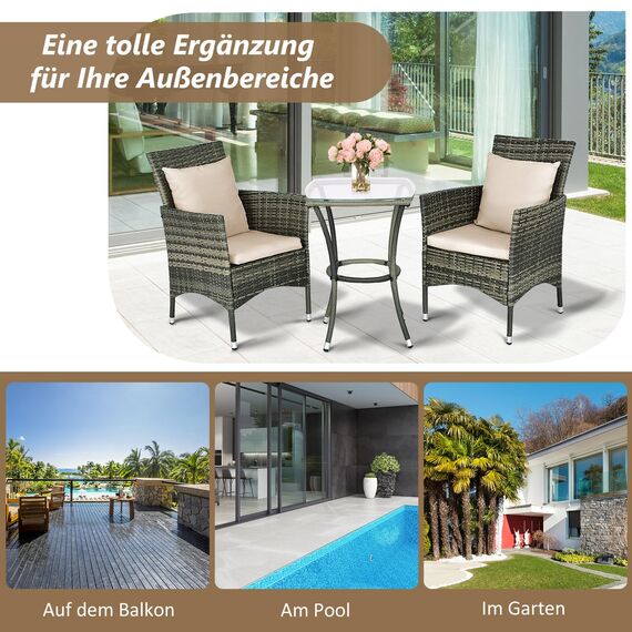 GIANTEX Balkonmöbel Kleiner Balkon, Rattan Gartenmöbel Set Bistrotisch mit 2 Stühlen, Balkonmöbel Set 3 teilig inkl. Kissen, Balkon Möbel für kleinenBalkon, Balkonset 2 Stühle 1 Tisch für 2 Personen