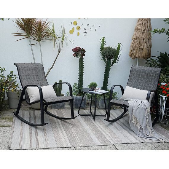Grand patio Balkonmöbel Set, Lounge Set mit 2 Schaukelstühle und 1 Beistelltisch, Mesh Gewebe, Wetterfest, Sitzgruppe für die Garten, Terrasse (Schwarz & Grau kariert)