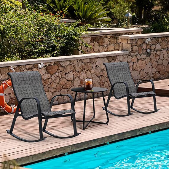 Grand patio Balkonmöbel Set, Lounge Set mit 2 Schaukelstühle und 1 Beistelltisch, Mesh Gewebe, Wetterfest, Sitzgruppe für die Garten, Terrasse (Schwarz & Grau kariert)