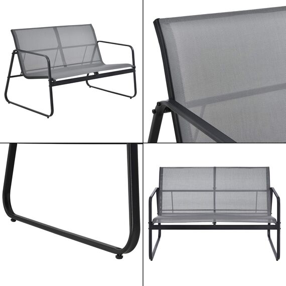 [en.casa] Gartenmöbelset Palencia Sitzgruppe Gartengarnitur Sitzbank für 2 Personen mit Couchtisch Gestell aus Stahl Hellgrau Schwarz