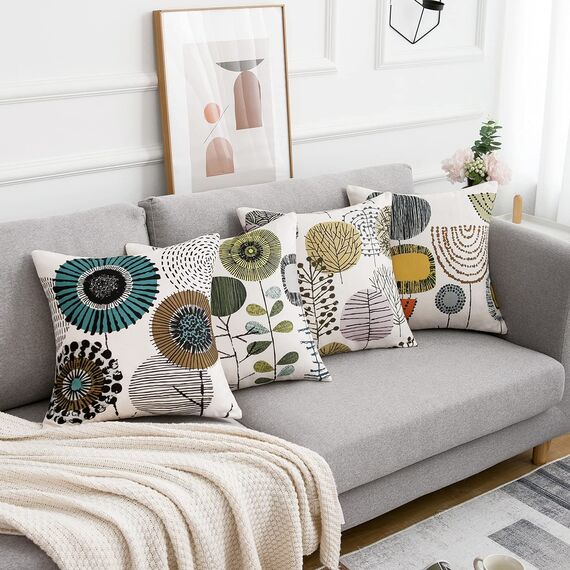 RYBornament 4er Set Dekorativ Kissenbezug 45x45 Blume Kissenhülle Sofakissen Outdoor Kissen Beige Abstrakter Kissenbezug Vintage Bauernhaus Leinen Quadratischer Kissen Für Sofa,Wohnzimmer Garten