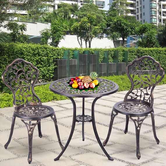 COSTWAY Bistroset 3-teilig, Bistrotisch mit 2 Stühle, Gartenmöbel Set, Balkonmöbel aus Aluminiumguss, Balkonset, Gartengarnitur, Sitzgruppe für Garten, Terrasse, Balkon