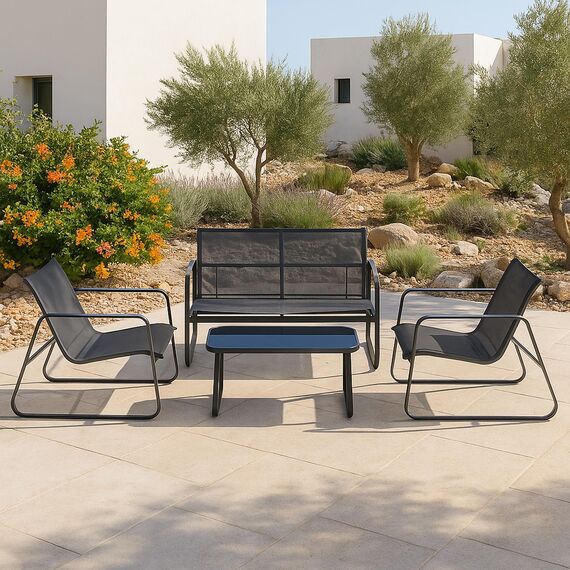 [en.casa] Gartenmöbelset Palencia Sitzgruppe Gartengarnitur Sitzbank für 2 Personen mit Couchtisch Gestell aus Stahl Hellgrau Schwarz