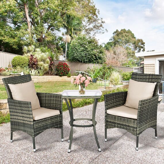 GIANTEX Balkonmöbel Kleiner Balkon, Rattan Gartenmöbel Set Bistrotisch mit 2 Stühlen, Balkonmöbel Set 3 teilig inkl. Kissen, Balkon Möbel für kleinenBalkon, Balkonset 2 Stühle 1 Tisch für 2 Personen