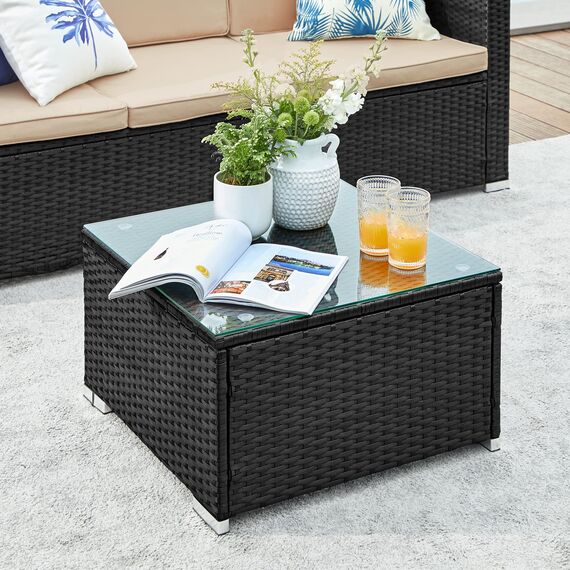 SONGMICS Gartenmöbel-Set, Balkonmöbel aus PE-Polyrattan, Terrassenmöbel, Ecksofa, Outdoor, handgeflochtenes Rattan, Lounge-Set, mit Kissen und Glastisch, schwarz-Taupe GGF005B03