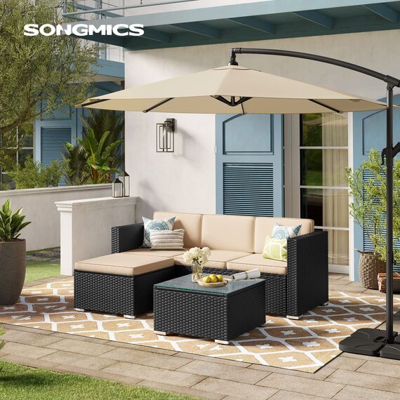 SONGMICS Gartenmöbel-Set, Balkonmöbel aus PE-Polyrattan, Terrassenmöbel, Ecksofa, Outdoor, handgeflochtenes Rattan, Lounge-Set, mit Kissen und Glastisch, schwarz-Taupe GGF005B03