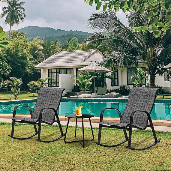 Grand patio Balkonmöbel Set, Lounge Set mit 2 Schaukelstühle und 1 Beistelltisch, Mesh Gewebe, Wetterfest, Sitzgruppe für die Garten, Terrasse (Schwarz & Grau kariert)