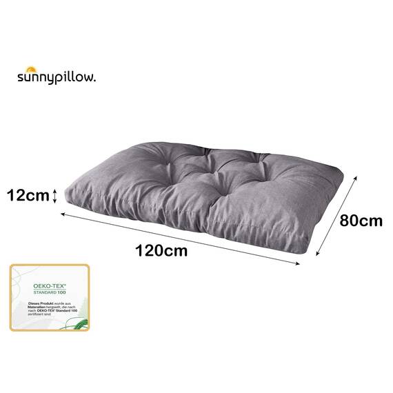 sunnypillow Palettenkissen für Gartenmöbel - Sitzkissen 120 x 80 cm - Palettenauflage für Palettensofa - Palettenpolster, Sitzpolster für Palettenmöbel - Gesteppte Gartenkissen - Kissen Grau