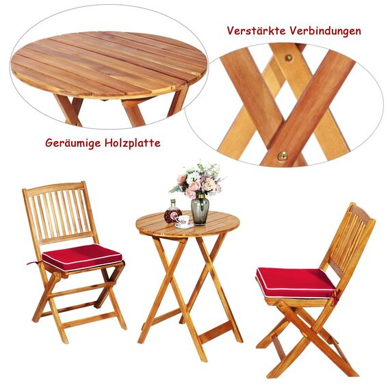 COSTWAY 3tlg. Balkonmöbel Set, Bistrotisch mit 2 Stühlen, klappbares Balkonset aus Akazienholz mit 2 Kissen, Bistroset, Gartengarnitur, Gartenmöbel, Sitzgarnitur, Sitzgruppe für Garten, Balkon (Rot)