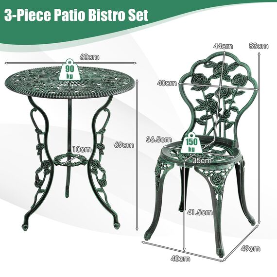 GIANTEX 3-teiliges Bistro Set, Bistrotisch mit 2 Stühlen, Gartenmöbel Set Aluminium, Gartenset Balkonset Antik, Runder Gartentisch, Balkonmöbel Set Garten Sitzgruppe 2 Sitzhocker Outdoor (Bronzegrün)
