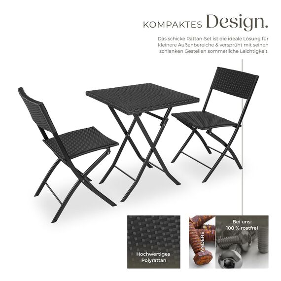 tectake® Rattan Balkon oder Garten Bistro Möbel Set, Sitzgruppe mit 2 Stühlen und 1 Kleiner Esstisch, platzsparend klappbar, Gartenmöbel, Balkonmöbel Kleiner Balkon - schwarz