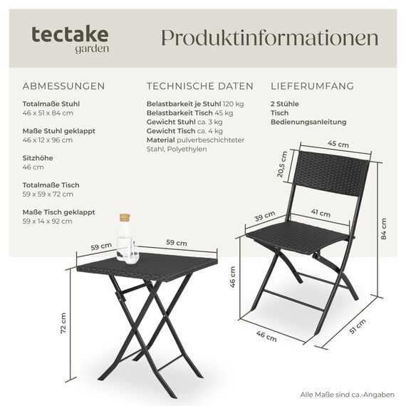 tectake® Rattan Balkon oder Garten Bistro Möbel Set, Sitzgruppe mit 2 Stühlen und 1 Kleiner Esstisch, platzsparend klappbar, Gartenmöbel, Balkonmöbel Kleiner Balkon - schwarz