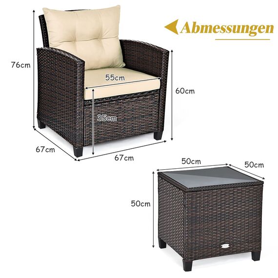 COSTWAY Rattan Gartenmöbel Set, 3-TLG. Balkonmöbel inkl. 2 Sessel, Kissen & Tisch mit gehärteter Glasplatte, Balkon Möbel klein, Wetterfeste Sitzgruppe 2 Personen, Terassenmöbel für Garten Balkon