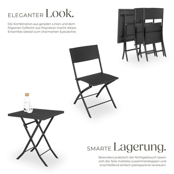 tectake® Rattan Balkon oder Garten Bistro Möbel Set, Sitzgruppe mit 2 Stühlen und 1 Kleiner Esstisch, platzsparend klappbar, Gartenmöbel, Balkonmöbel Kleiner Balkon - schwarz