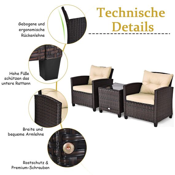 COSTWAY Rattan Gartenmöbel Set, 3-TLG. Balkonmöbel inkl. 2 Sessel, Kissen & Tisch mit gehärteter Glasplatte, Balkon Möbel klein, Wetterfeste Sitzgruppe 2 Personen, Terassenmöbel für Garten Balkon