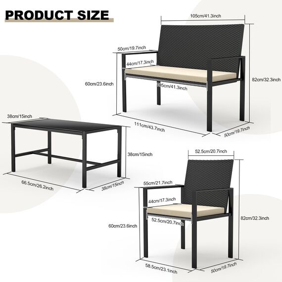 bigzzia Gartenmöbel Set, Rattan Garten Terrasse Outdoor Möbel 4 Teilig Set, einschließlich 2 Sessel, 1 Doppelsitzsofa mit stabilem Stahlgriff und 1 Tisch aus gehärtetem Glas, Schwarz