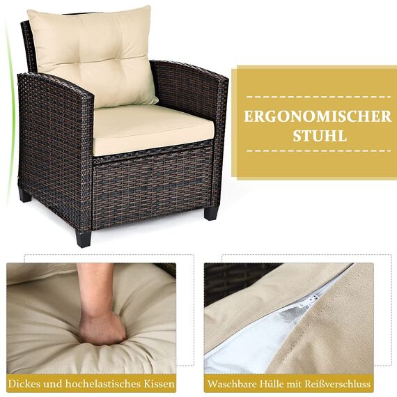 COSTWAY Rattan Gartenmöbel Set, 3-TLG. Balkonmöbel inkl. 2 Sessel, Kissen & Tisch mit gehärteter Glasplatte, Balkon Möbel klein, Wetterfeste Sitzgruppe 2 Personen, Terassenmöbel für Garten Balkon