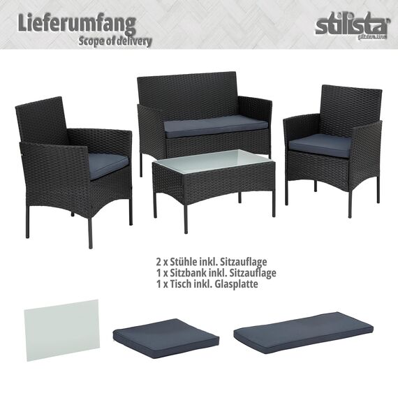 STILISTA® Polyrattan Sitzgruppe 1 Bank + 2 Stühle + 1 Tisch mit Glasplatte, Lounge Set, schwarz