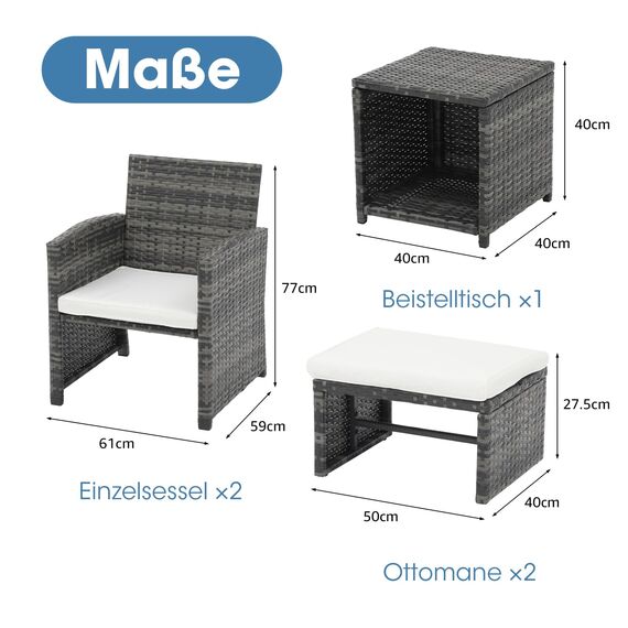 OC Orange-Casual 5-TLG Rattan Balkonmöbel-Set, PE-Rattan Gartenmöbel-Set, 2 Gartensessel mit Beistelltisch&Hocker, Gartensitzgruppe inkl. Sitzkissen&Rückenkissen, Bistroset für Garten Indoor Balkon