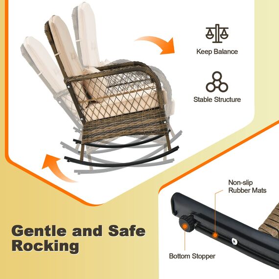 GIANTEX Balkonmöbel Schaukelstuhl Set, 3 TLG. Rattan Gartenmöbel Set 2 Schaukelstühle mit Tisch, Terassenmöbel Set Outdoor, inkl. Kissen, Balkon Möbel Kleiner Balkon für 2 Personen, Garten Sitzgruppe