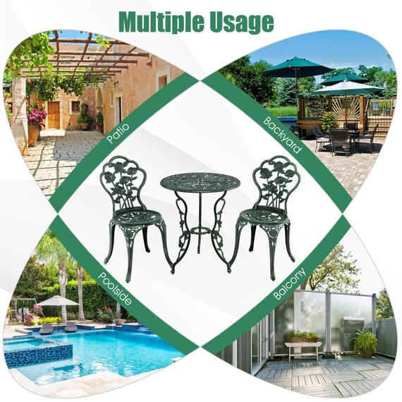 GIANTEX 3-teiliges Bistro Set, Bistrotisch mit 2 Stühlen, Gartenmöbel Set Aluminium, Gartenset Balkonset Antik, Runder Gartentisch, Balkonmöbel Set Garten Sitzgruppe 2 Sitzhocker Outdoor (Bronzegrün)