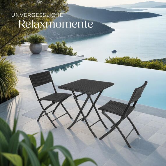 tectake® Rattan Balkon oder Garten Bistro Möbel Set, Sitzgruppe mit 2 Stühlen und 1 Kleiner Esstisch, platzsparend klappbar, Gartenmöbel, Balkonmöbel Kleiner Balkon - schwarz