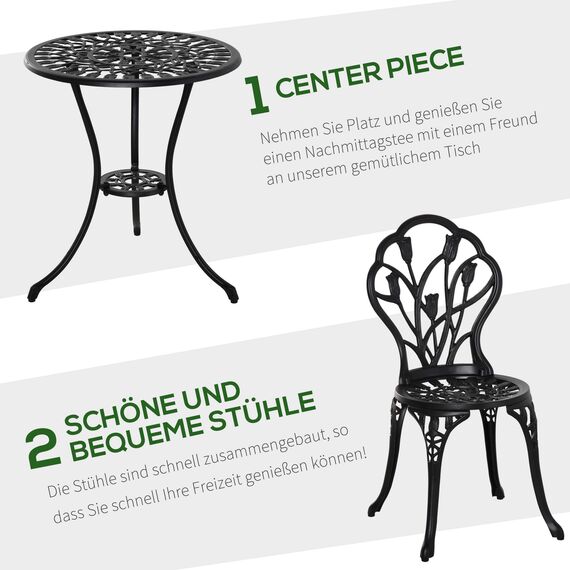 Outsunny Bistro-Set 3-teilig aus Aluminium Gartenmöbel Set mit geschnitztem Design Sitzgruppe mit Gartenstühlen Bistrotisch Schirmloch Outdoor Balkonmöbel Set Balkonset Gartengarnitur Schwarz