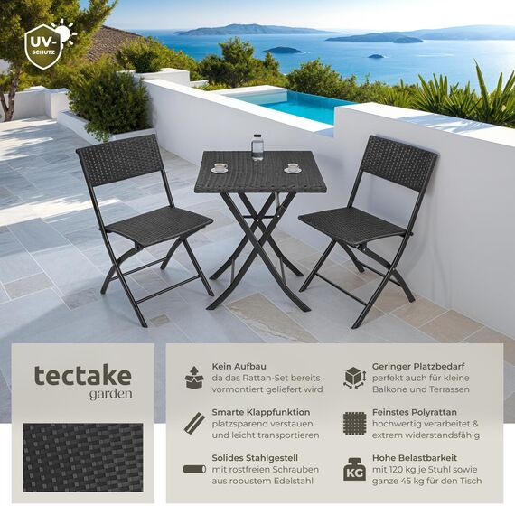 tectake® Rattan Balkon oder Garten Bistro Möbel Set, Sitzgruppe mit 2 Stühlen und 1 Kleiner Esstisch, platzsparend klappbar, Gartenmöbel, Balkonmöbel Kleiner Balkon - schwarz