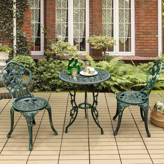 GIANTEX 3-teiliges Bistro Set, Bistrotisch mit 2 Stühlen, Gartenmöbel Set Aluminium, Gartenset Balkonset Antik, Runder Gartentisch, Balkonmöbel Set Garten Sitzgruppe 2 Sitzhocker Outdoor (Bronzegrün)