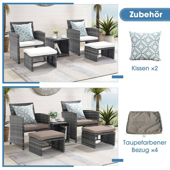 OC Orange-Casual 5-TLG Rattan Balkonmöbel-Set, PE-Rattan Gartenmöbel-Set, 2 Gartensessel mit Beistelltisch&Hocker, Gartensitzgruppe inkl. Sitzkissen&Rückenkissen, Bistroset für Garten Indoor Balkon