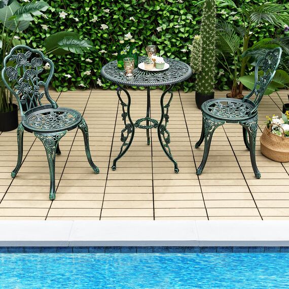 GIANTEX 3-teiliges Bistro Set, Bistrotisch mit 2 Stühlen, Gartenmöbel Set Aluminium, Gartenset Balkonset Antik, Runder Gartentisch, Balkonmöbel Set Garten Sitzgruppe 2 Sitzhocker Outdoor (Bronzegrün)