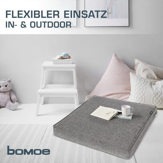 bomoe hochwertiges Outdoor Loungekissen 70x70cm – Bequemes Sitzkissen 8cm dick Polster Bezug Waschbar Gartenkissen UV-Schutz – Rattan Lounge Auflage Gartenmöbel Sitzauflage Hellgrau – ilano
