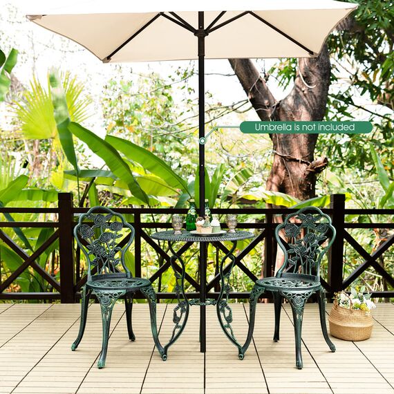 GIANTEX 3-teiliges Bistro Set, Bistrotisch mit 2 Stühlen, Gartenmöbel Set Aluminium, Gartenset Balkonset Antik, Runder Gartentisch, Balkonmöbel Set Garten Sitzgruppe 2 Sitzhocker Outdoor (Bronzegrün)