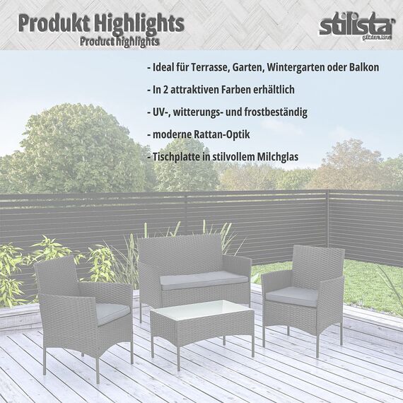 STILISTA® Polyrattan Sitzgruppe 1 Bank + 2 Stühle + 1 Tisch mit Glasplatte, Lounge Set, schwarz