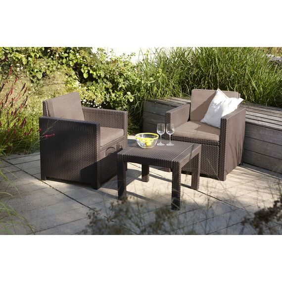 Allibert by Keter Balkonmöbel Set Victoria Balcony, braun/taupe, 3tlg., inkl. Sitz- und Rückenkissen, Kunststoff, flache Rattanoptik