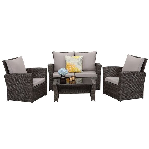 MeXo Balkonmöbel Set 4 Personen Kleiner Balkon, wetterfest pflegeleicht, Belastbarkeit pro Sitzplatz bis zur 140kg, Lounge Rattan Outdoor Grau