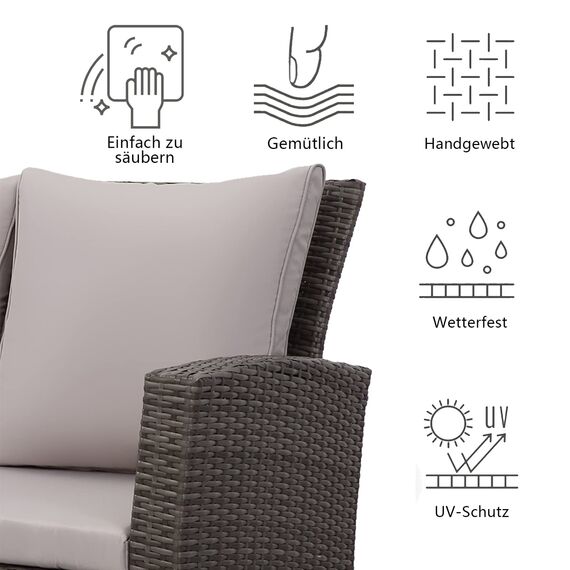 MeXo Balkonmöbel Set 4 Personen Kleiner Balkon, wetterfest pflegeleicht, Belastbarkeit pro Sitzplatz bis zur 140kg, Lounge Rattan Outdoor Grau