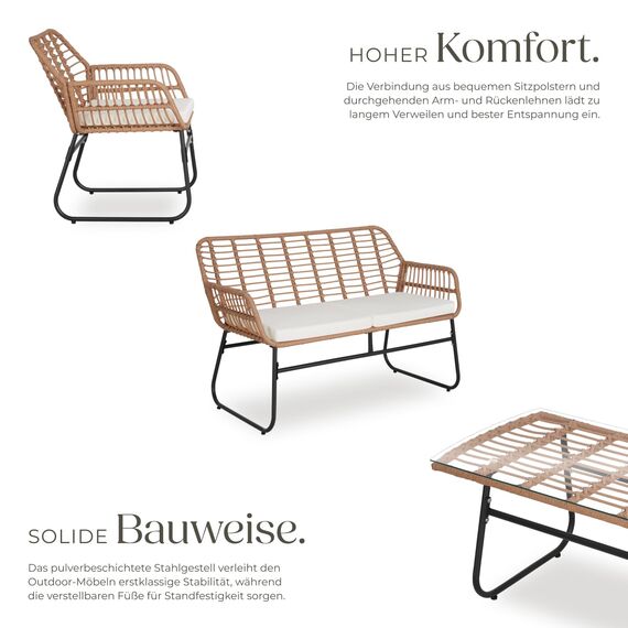 tectake® Outdoor Rattan Sitzgruppe, Möbel, Balkonmöbel, Gartenmöbel Set mit 1x Gartenbank, 2X Stühle + Tisch, Balkonmöbelset für Garten, Terrasse, Balkon - Natur