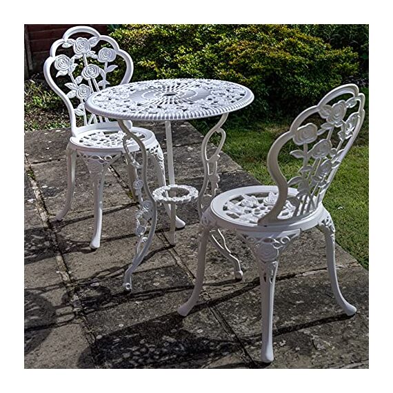 Lazy Susan London Rose Gartenmöbel-Set, rund, 2-Sitzer, Aluminiumguss, wetterfest, wartungsfrei, passende Bistro-Stühle, klassisches weißes Finish