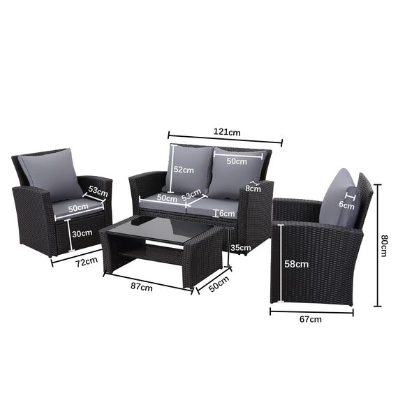MeXo Balkonmöbel Set 4 Personen Kleiner Balkon, wetterfest pflegeleicht, Belastbarkeit pro Sitzplatz bis zur 140kg, Lounge Rattan Outdoor Schwarz