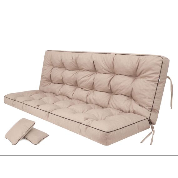 PillowPrim Beige Kissen für Hollywoodschaukel, Gartenschaukelkissen 120 cm, Komfort Sitzbank mit Rückenlehne, Inklusive Zwei Rückenlehnen-Kissen