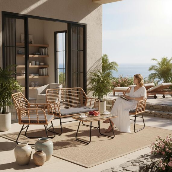 buybyroom Gartenmöbel-Set für den Außenbereich, 4 Personen, Rattan-Sessel, Tisch und Stuhl für den Außenbereich, inklusive 2-Sitzer-Sofa + 2 Sessel + 1 Gartentisch, abnehmbare Kissen